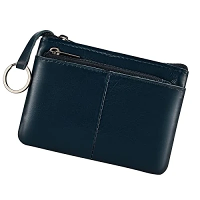 Image of Genuine Leather Coin Purse Pouch Triple Zipper Card Holder Wallet with Key Ring,Dark Blue