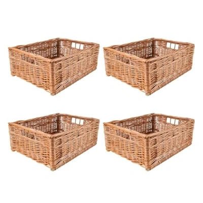 Image of Creative Home 4 x Wicker Basket Crate with Handles 40x30x15cm (+/ 2cm) Storage Box Natural Brown Woven Handmade Thick Willow Tool Dog Toy Kitchen Bathroom