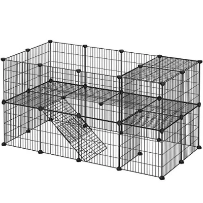 Image of SONGMICS Pet Enclosure, LPI02H, 2 Levels, Modular Enclosure for Small Animals, Hamsters, Rabbits, Guinea Pigs, Mesh Panels, Indoor Use, 143 x 73 71 cm, Black
