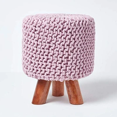 Image of HOMESCAPES Pale Pink Cotton Knitted Pouffe Footstool with Wooden Legs 32 x 42 cm