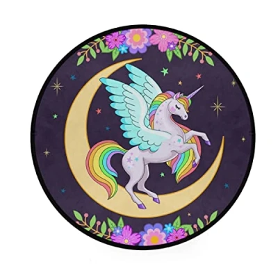 Image of JUNZAN Round Area Rug Non Slip Carpet Unicorn Horse Moon Purple Rugs Circle 3 Feet Soft Mats Machine Washable Floor Mat for Living Room Bedroom Nursery Home Decor