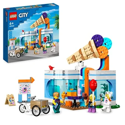 Image of LEGO City Ice Cream Shop Toy for 6+ Year Olds with Cart Bike and 3 Minifigures, Birthday Gift Boys, Girls, Kids, 2023 Set 60363