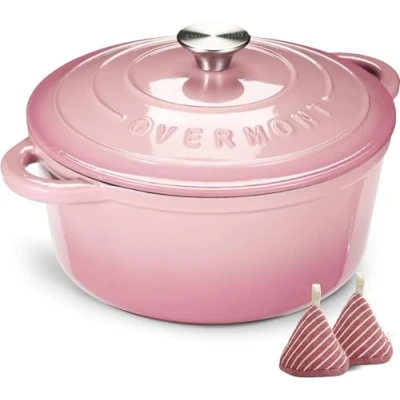 Image of Overmont 5L Enamelled Cast Iron Round Casserole Pot With Lid Cookbook &amp; Cotton Potholders Non stick Dutch Oven Cookware for Braising, Stews, Roasting, Bread Baking Pink, 26cm