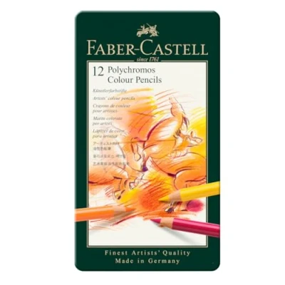 Image of Faber Castell Tin Of 12 Polychromos Blendable, Lightfast Drawing And Colouring Pencils For Artists, Beginners, Professionals, Students, Crafts, Books, Artwork, Soft Waterproof Oil Chalk Lead