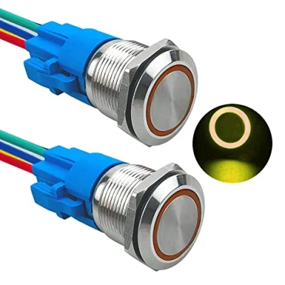 Image of Aiqeer 2 Pcs 19 mm Momentary Push Button Switch, 12V / 24V 5A Car Ignition Starter IP67 Waterproof Stainless Steel with Pre Wired Socket (Yellow LED)
