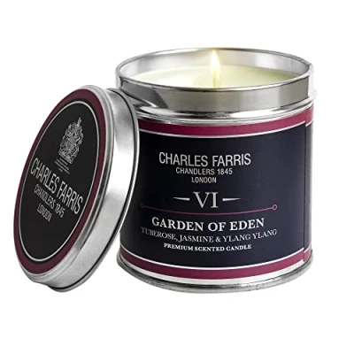Image of Charles Farris Garden of Eden Luxury Scented Signature Tin Candle Tuberose, Jasmine &amp; Ylang Hand Poured in England 40 Hours+ Burn Time