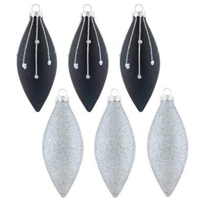 Image of Mr Crimbo 6 Pack Christmas Tree Baubles Long Glass Decorations 13cm Silver/Black
