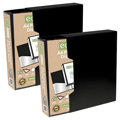Image of eco A4 Size 50% Recycled 100 Pocket Black Presentation Display Book, Storage Case Portfolio Art Folder with Plastic Sleeves Box (Pack of 2), eco067x2