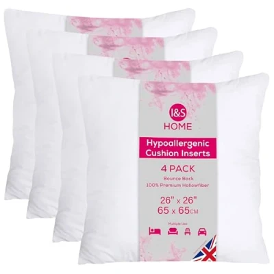 Image of I&amp;S Home Cushion Inserts 65cm x (26&quot;x26&quot;) Square Inner Pads Bounce Back Polyester Filler Hypoallergenic Scatter Cushions for Sofa and Couch Pack of 4