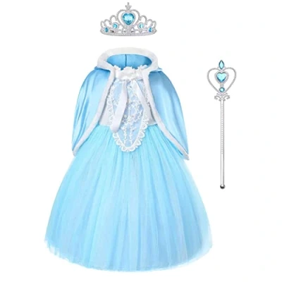 Image of URAQT Girls Fancy Princess Costume, Dress with Cloak, Costume Up Wand and Crown Accessories, for Halloween Party Bridesmaid Pageant Cosplay