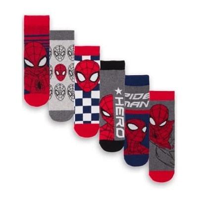 Image of Marvel Spiderman Boys Socks Pack of 6 Kids Multicoloured Athletic Character Spider Man Avenger Superhero Graphic Footwear Comfortable Childrens Sock Set Bundle Movie Merchandise Gift