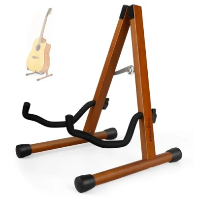Image of Wood Guitar Stand, Floor Acoustic Electric Wooden A Frame Folding Holder Adjustable for Bass, Cello, Mandolin, Banjo, Ukulele (Mahogany Wood)