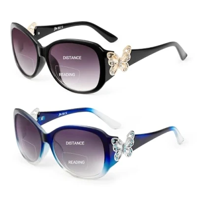 Image of JM 2 Pack Bifocal Reading Sunglasses for Women Fashion Oversized Square Sun Readers Outdoor Glasses UV400 Protection, Black &amp; Clear Blue +2.25