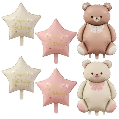 Image of 6 Brown Bear Head Balloons, Party, Birthday Decorations, Shape Foil Party Teddy Balloons for Boys Girls Baby Shower Forest Animal Themed Supplie