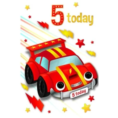 Image of Age 5 Boy Birthday Card 5th Red Racing Car Stars with Foil 7.75x5.25&quot;