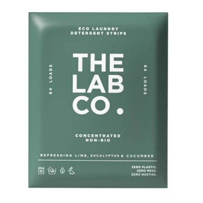 Image of The Lab Co. Laundry Detergent Strips Sheets Eco Ultra Concentrated Non Bio Refreshing Fragrance Lime Eucalptus Cucumber for Hand and Machine Washing. Up to 32 Loads.