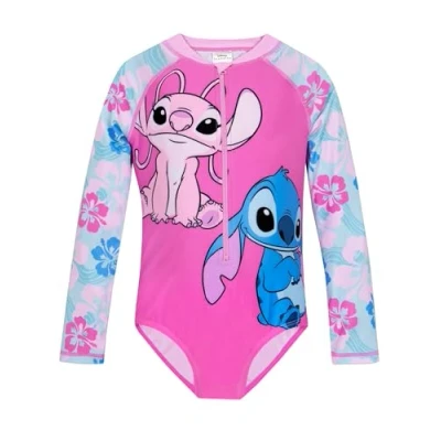 Image of Disney Lilo and Stitch Swimming Costume Long Sleeve Swimsuit Girls Pink 9 10 Years