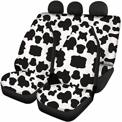 Image of Jeiento Men Women Car Seat Cover, Non Slip Flat Cloth Front Rear Cow Pattern, Breathable Bucket Protective Pack of 4, White and Black