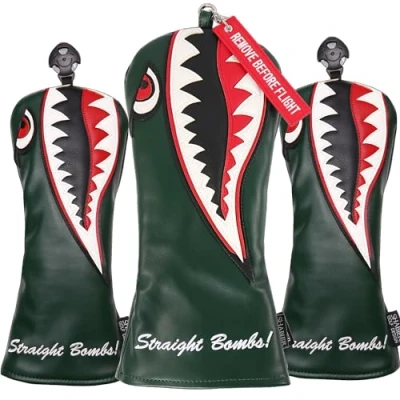 Image of SHABIER New War Shark Flying Tiger Warshark Golf Driver Headcover for Taylormade M3 M4 M5 M6 SIM Club(Green Driver+Fairway+Hybird)