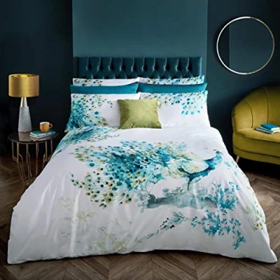 Image of Voyage Maison Wimborne Peacock Teal Blue Multi Duvet Cover Set: 100% Cotton Sateen (Super King Size 260cm x 220cm)
