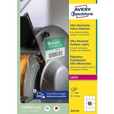 Image of AVERY Zweckform B5274 50 Heavy Duty Film Labels (800 Stickers, 52 x 74 mm on A4, Extremely Strong Self Adhesive, for Difficult Surfaces, Printable Outdoor Adhesive Film), Sheets, White