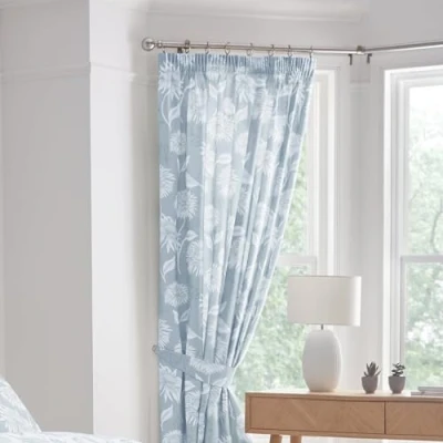 Image of Dreams &amp; Drapes Blue Chrysanthemum Pleated Curtains W66 x L72 (168 183cm) 2x Panels Tie Backs Vintage Floral Botanical Pencil Pleat in