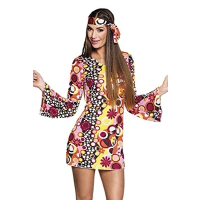 Image of Boland 83867 Groovy Girl Adult Costume Dress with Headband, Size M, Hippie, Flower Power, Girl, 60s, Themed Party, Carnival