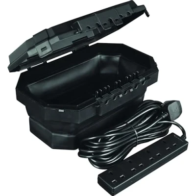 Image of Masterplug Collapsible Electrical Connection Box, Cable Enclosure with 4 Plug Socket 8m Extension Lead, Weatherproof, Outdoor, H154mm x W376mm D230mm, Black, IP54, WBCBBFG8B