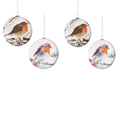 Image of LuxuryBaubles Set of 4 Luxury ROBIN Bauble Design Glossy Round Christmas tree Baubles Decorations 8cm