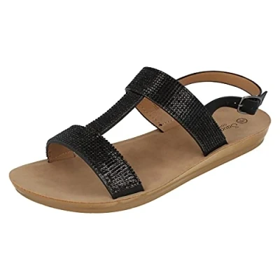 Image of Ladies Savannah Casual T Bar Sandals Black Synthetic UK Size 6 EU 39 US 8