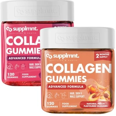 Image of Marine Collagen Gummies, Hydrolysed Peptides w/Biotin, Hyaluronic Acid &amp; Vitamin C, Supplements for Women Men, Skin, Hair Nails (Dual Pack, Peach Strawberry)
