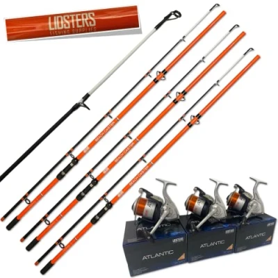 Image of 3 x LFS Beachcaster Sea Beach Fishing Rod 12ft 2pc + Atlantic 70 Reel Orange