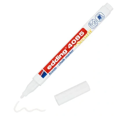 Image of edding 4085 chalk marker white 1 pen round nib 2 mm fine wet wipe for chalkboards, windows, glass, mirrors liquid pens opaque coverage