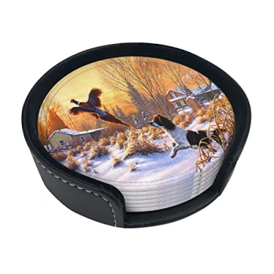 Image of Round Coasters, Dog Catching Pheasant Printed,Mugs Pad Cups Mat Set of 6 Leather Drinks Coasters with Holder