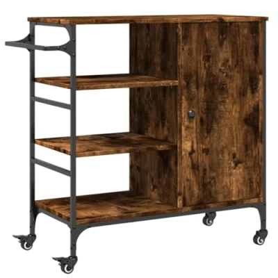 Image of vidaXL Rolling Kitchen Trolley Cart in Smoked Oak with Engineered Wood, Steel Frame, Towel Rack, Lockable Wheels Versatile for Home Use