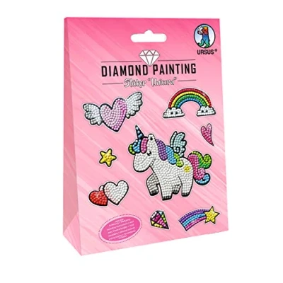 Image of Ursus Painting Sticker Unicorn 2 Sheets of 6 x 10 cm with Different Designs Diamond Stones, Pickers, Wax and Bowl, Colourful, 15