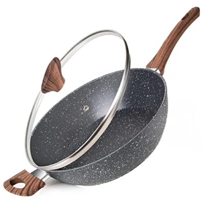 Image of nuovva Non Stick Saute Pan Induction Hob Saucepan with Lid Kitchen Cookware 28cm Marble Chef&#039;s