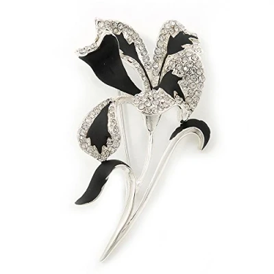 Image of Avalaya Black/Silver Tone Clear Diamante &#039;Calla Lily&#039; Brooch 75mm Length