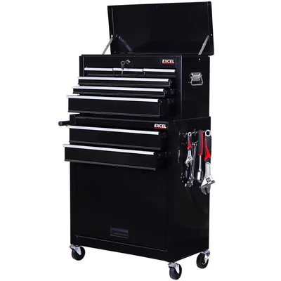 Image of Excel 8 Drawer Metal Tool Chest Cabinet Rolling Toolbox with Wheels, Handle, Pegboard, Hooks, Lockable Design Heavy Duty Steel Construction