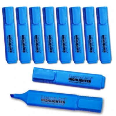 Image of Essential Arts Square Blue Highlighter Pen Pack of 10 Chisel Tip Fluorescent Highlight Marker Pens for Office, School Art and Business