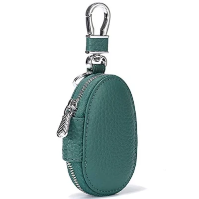Image of Aileder Car Key Chain Bag Genuine Leather Smart Keyless Entry Fob Keychain Holder Zipper Remote Control Case Cover Protector Pouch Keyring Wallet for Men and Women (Green)