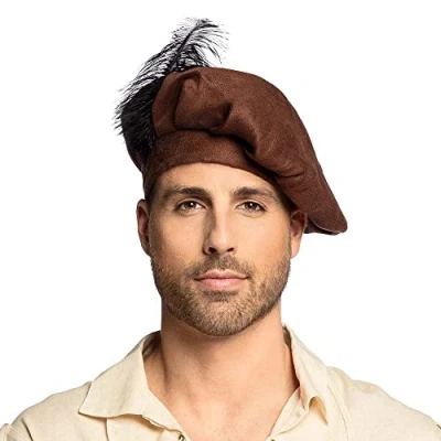 Image of Boland Medieval Style Beret Brown Felt Hat with Feather, Comfortable 59cm Headpiece for Costumes