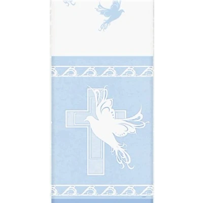 Image of Unique Party 29913 Plastic Blue Dove Cross Christening Tablecloth, 7ft x 4.5ft
