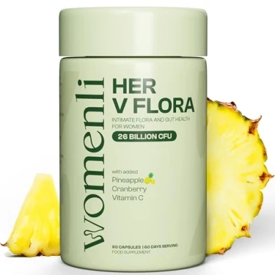 Image of Prebiotics &amp; Probiotics for Women 26 Billion CFU Flora with Cranberry, Vitamin C Pineapple Bio Cultures Women&#039;s Intimate Gut Health 60 Vegan Capsules Her V by Womenli
