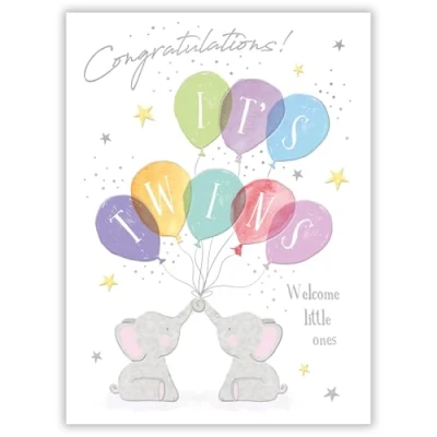 Image of Noel Tatt New Baby Twins Congratulations Card Birth with Elephants and Balloons Design Embossed Foil Details