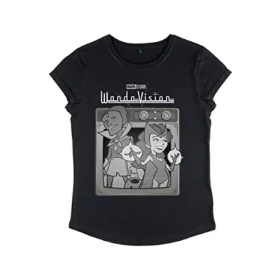 Image of Marvel Women&#039;s Wandavision Vintage TV Rolled Sleeve T Shirt, Black, XL