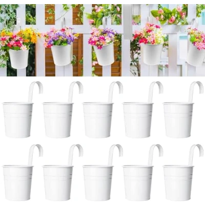 Image of KAHEIGN 10Pcs Metal Hanging Flower Pots, 10CM White Plant Pots Bucket with Detachable Hook for Railing Balcony Fence Garden Home Decor