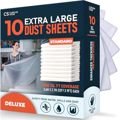 Image of CS 10 Pack Extra Large Plastic Dust Sheets for Decorating 3.6 x 2.7m (12 9ft), Standard Sheet Painting &amp; Furniture, Sheeting Tools