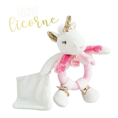 Image of Doudou et Compagnie DC3310 Baby Unicorn Rattle Soft Toy with 17 cm White/Pink Newborn Gift Pretty Box Lucie La Licrone