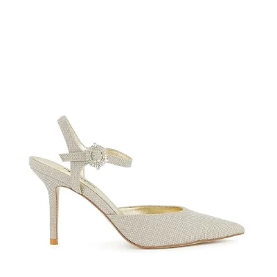 Image of Dune Ladies Channel Buckle Detail Heeled Courts Size UK 8 Stiletto Heel Court Shoes Gold